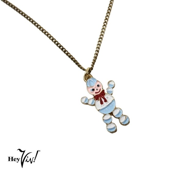 Vintage 80s Enamel Charm Necklace Cute Happy Roly Poly Man 16" Chain - Hey Viv - Picture 1 of 4
